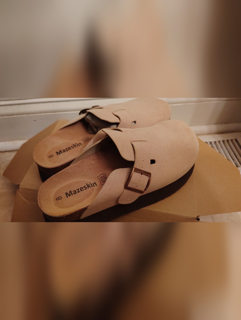 Women's Suede Buckle Slide Sandals in Beige